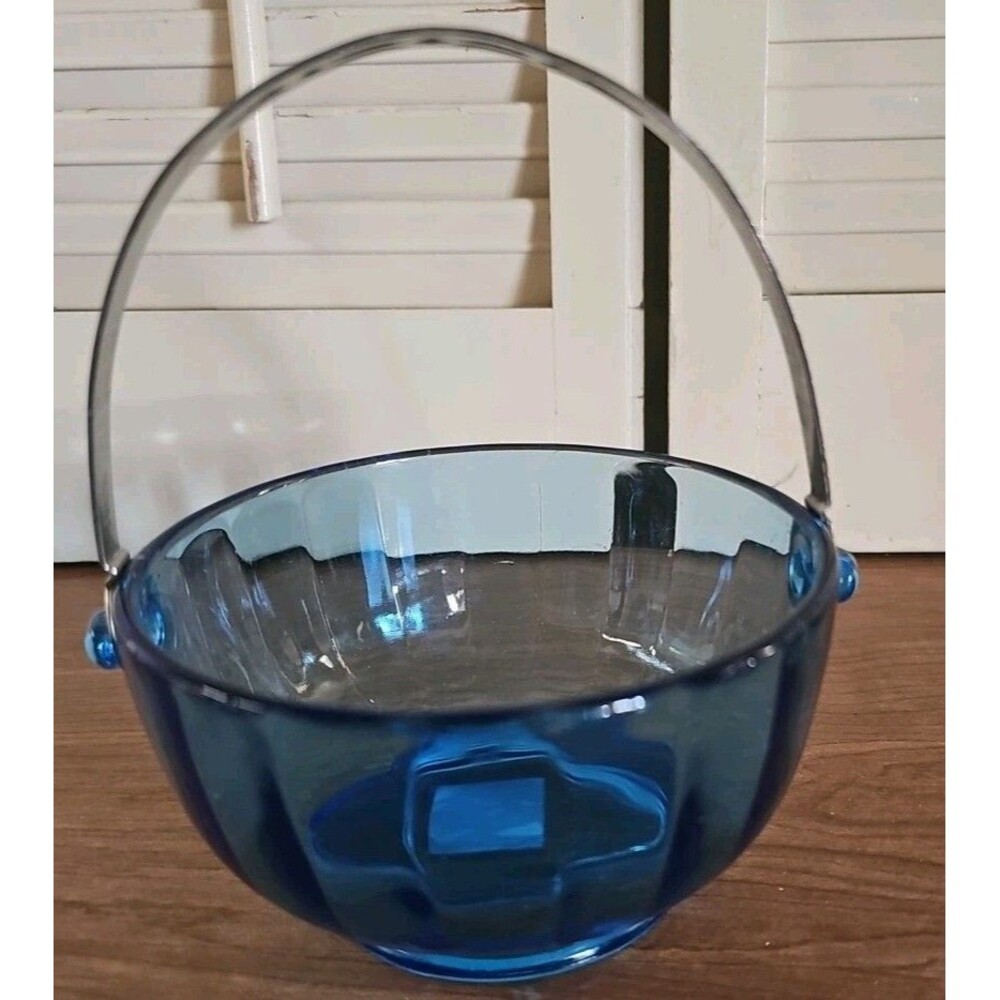 Vintage Fostoria Azure Panel Optic Whipped Cream Pail, Aqua Bowl W/handle - Bail